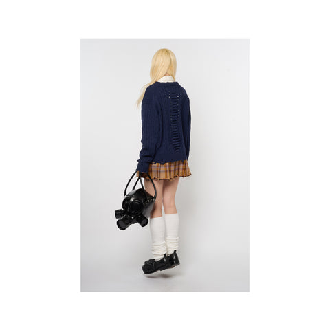 RIB CAGE CABLE KNIT PULLOVER：NAVY