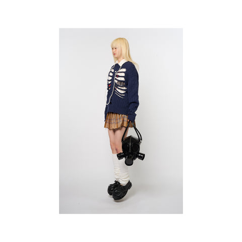 RIB CAGE CABLE KNIT PULLOVER：NAVY