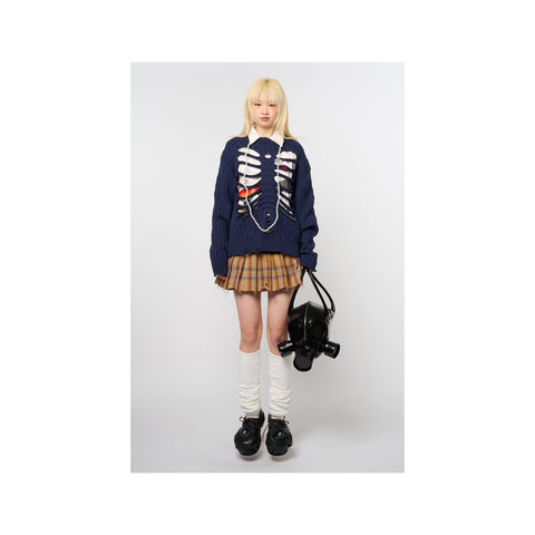 RIB CAGE CABLE KNIT PULLOVER：NAVY