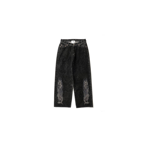 FLOCKED DENIM EMBROIDERED PANTS