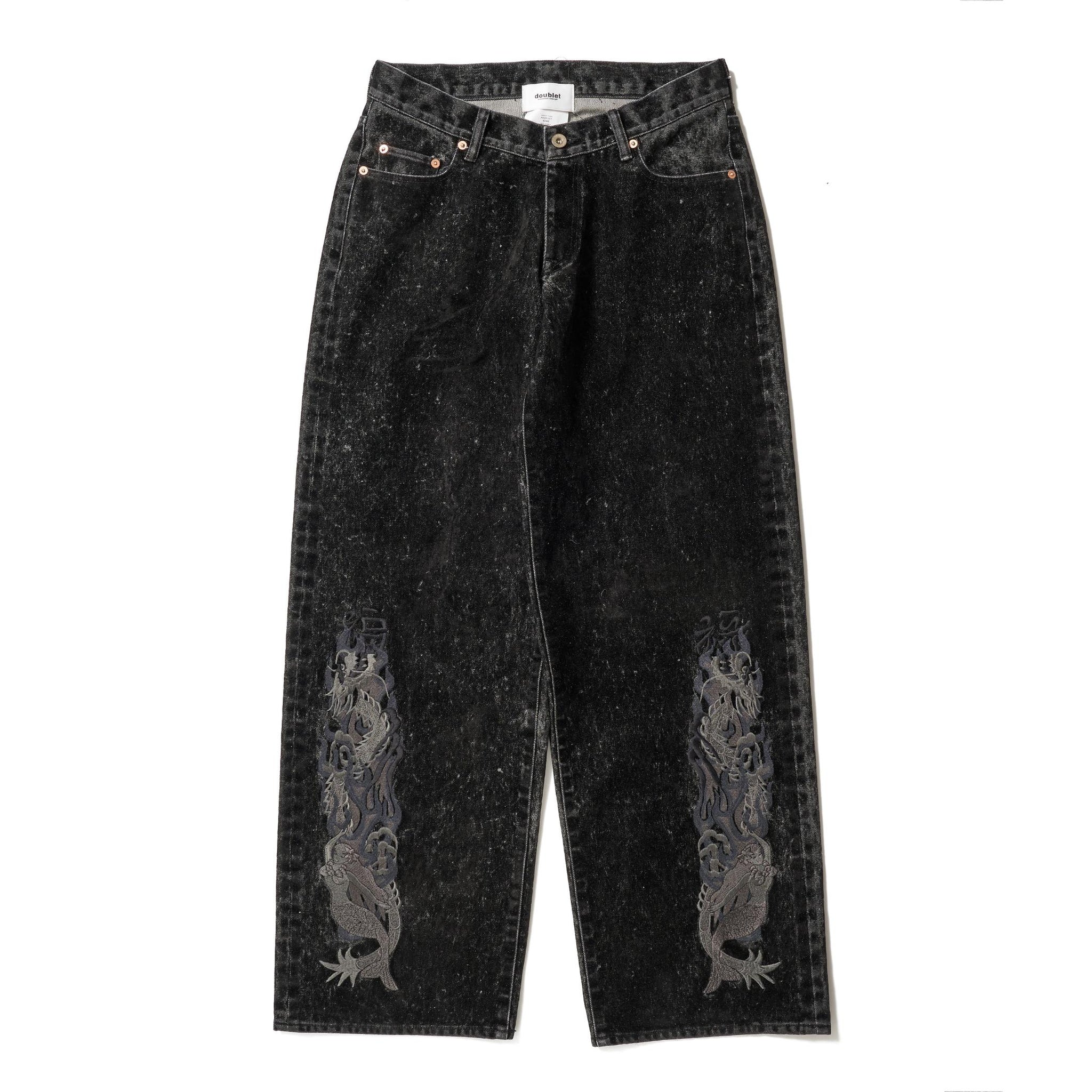 FLOCKED DENIM EMBROIDERED PANTS