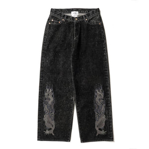 FLOCKED DENIM EMBROIDERED PANTS